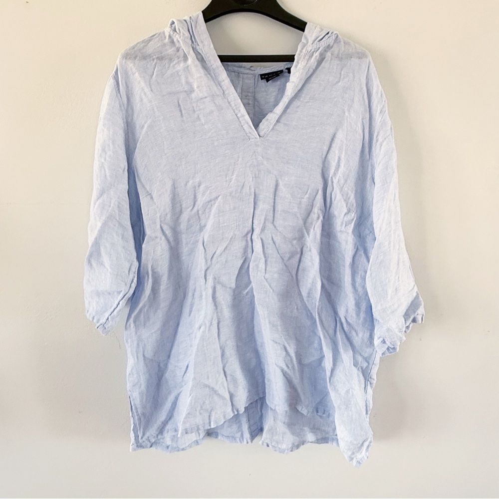 Tahari Women 100% Linen Hooded Popover Top 1X Coastal Beach Nautical Classic